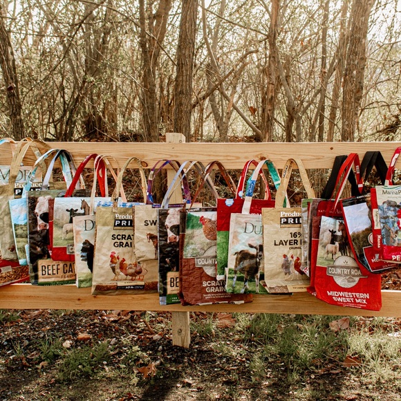 Recycled Reversible Cotton Lined Farm Feed sack totes Unique Christmas Gift - Picture 2 of 3